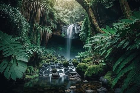 Premium Photo | Waterfall in the green forest with lush greenery