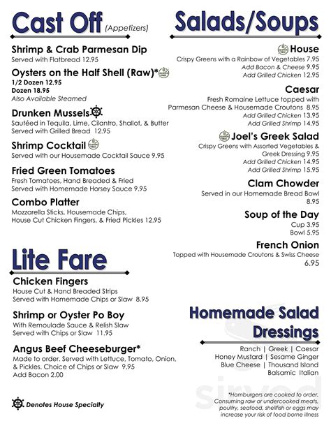 Captain's Table menu in Hampton, Tennessee, USA