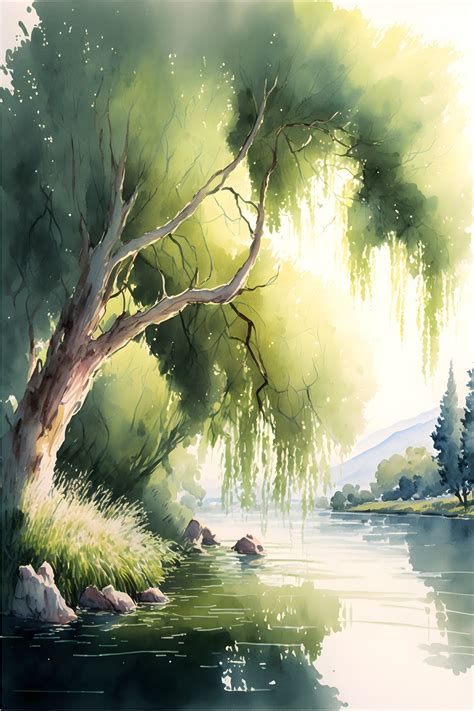 A tranquil watercolor painting of a willow tree, its branches softly ...