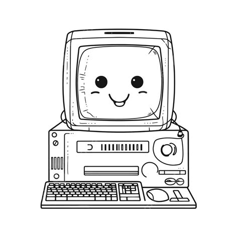 Computer With Happy Face Coloring Pages Outline Sketch Drawing Vector, Easy Computer Drawing ...