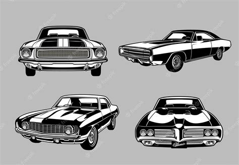 Premium Vector | Collection of vintage muscle and classic cars in monochromeretro style cars