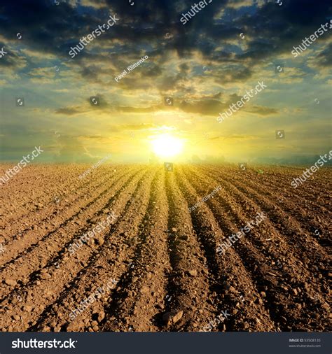 Sunset Over Ploughed Field Stock Photo 93508135 : Shutterstock