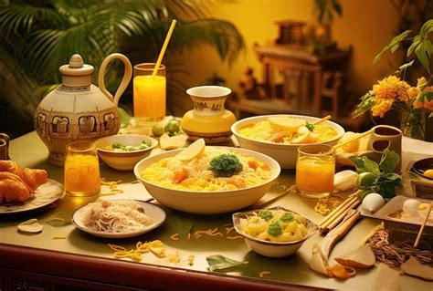 Premium AI Image | chinese food on a yellow table in the style of ...