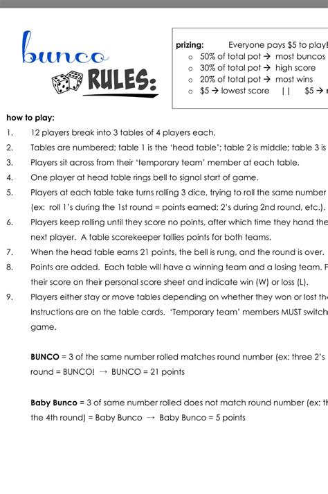 Bunco Rules Printable