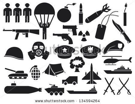 military icons (knife, handgun, bomb, bullet, gas mask, swords, helmet, captain hat, explosion ...