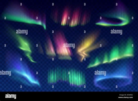 Aurora borealis polar lights set. Glowing in sky different shapes and ...