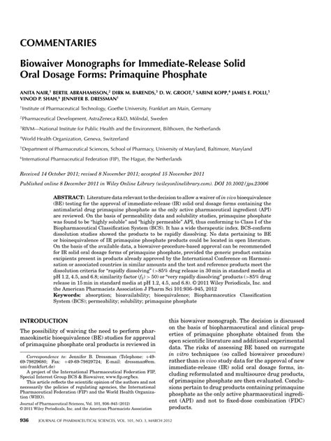 (PDF) Biowaiver Monographs for Immediate-Release Solid Oral Dosage Forms: Primaquine Phosphate