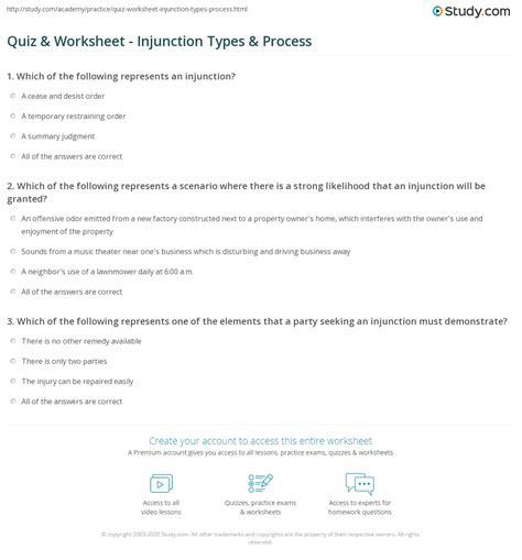 Quiz & Worksheet - Injunction Types & Process | Study.com