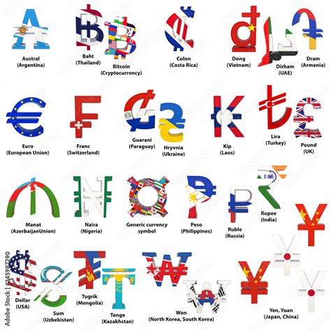 Set of world currency symbols with national flags. Alphabet of currency symbols of different ...