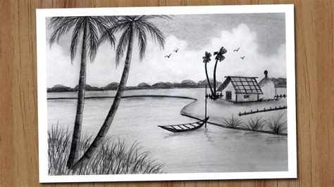 Pencil Shading Landscape Village Scene : Easy pencil shading scenery drawing for kids,landscape.