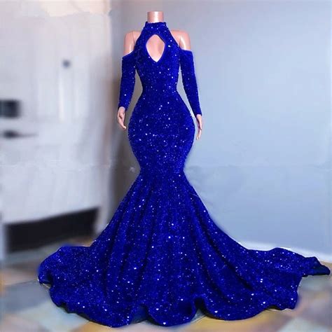 Plus Size Royal Blue Velvet Sequins Prom Dresses Long Sleeves Mermaid Evening Gowns 2020 Elegant ...