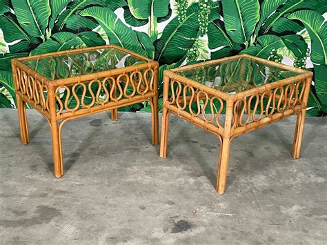 Rattan and Glass End Tables For Sale at 1stDibs