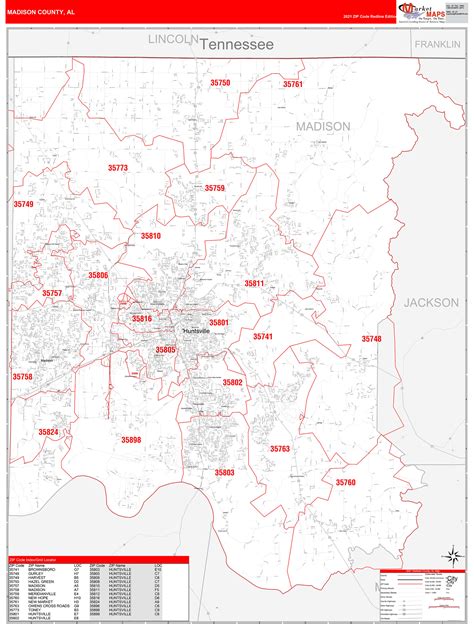 Madison County, AL Zip Code Wall Map Red Line Style by MarketMAPS ...