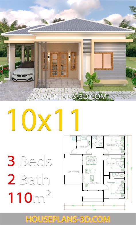 House design 10x11 with 3 Bedrooms Hip tiles - House Plans 3D | Affordable house plans, House ...