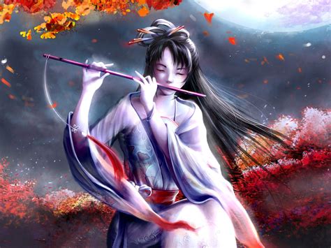 Beautiful Japanese Girl With Flute Fantasy Artwork Digital Art CG HD ...