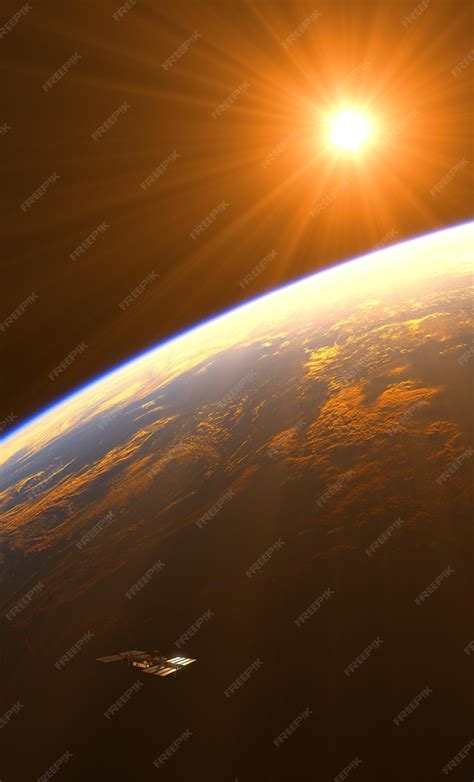 Premium Photo | Amazing sunrise over the earth and space station 3d illustration