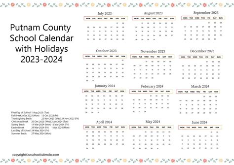 Putnam County School Calendar with Holidays 2023-2024