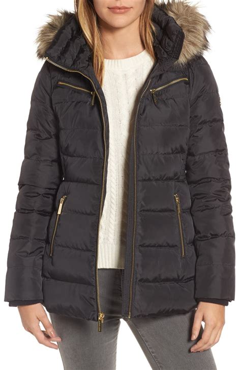 MICHAEL Michael Kors Puffer Coat with Detachable Hood and Faux Fur Trim ...