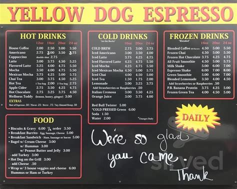 Menu for Yellow Dog Espresso in Hebo, OR | Sirved