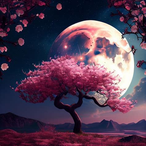 Embracing the Moon in an Ethereal Symphony with Majestic Trees: Dancing ...