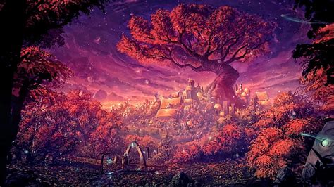 4K free download | Fantasy landscape, village, sacred tree, tablets ...