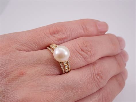 Yellow Gold 9.5 mm Pearl and Diamond Engagement Ring Promise Ring Size 8.75 June Birthstone FREE ...