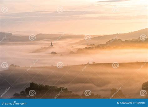 South Moravian Landscape with Low Clouds during a Sunrise. Stock Photo - Image of light, houses ...