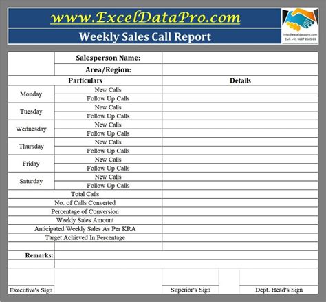 Download Weekly Sales Call Report Excel Template - ExcelDataPro