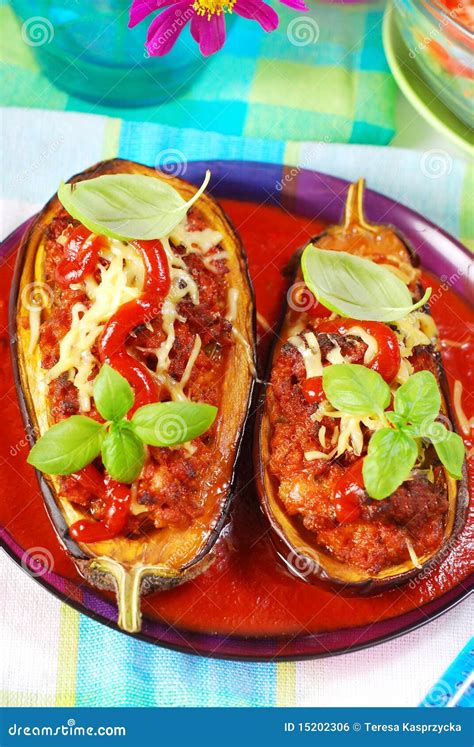 Aubergine Stuffed with Meat in Tomato Sauce Stock Photo - Image of ...