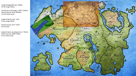 I estimated the size of Tamriel using the size of the Daggerfall map, the map of Skyrim, and the ...