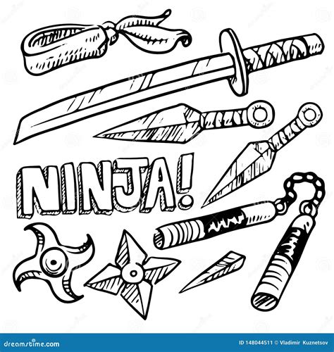 Collection Set Of Ninja Weapons, Drawing On White Background Cartoon ...