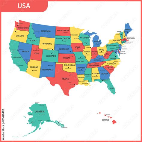 The detailed map of the USA with regions or states and cities, capital ...