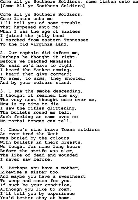 Old American Song - Lyrics for: Come All Ye Southern Soldiers, Come Listen Unto Me, with PDF