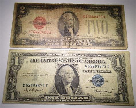 1928 U.S. Two Dollar Bill & US 1 Silver Certificate Antique Currency ...