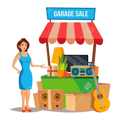 Garage Sale Items Clipart Transparent Background, Yard Sale Vector Household Items Sale Woman ...