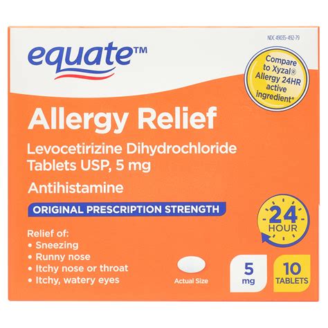 Equate Levocetirizine Dihydrochloride USP Allergy Relief Tablets, 5 mg, 10 Count - Walmart.com