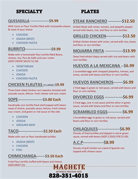 Menu at Machete Mexican Food and Crafts Store restaurant, Rutherfordton