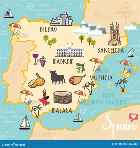 Spain - Hand Drawn Illustration, Map With Landmarks | CartoonDealer.com #177105146