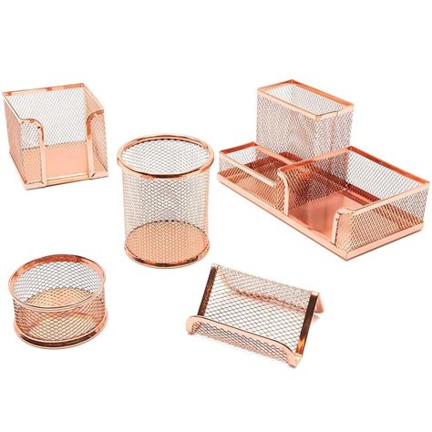 Paper Junkie 5 Piece Rose Gold Mesh Desk Organizer Office Décor Set Shiny and Elegant Home ...