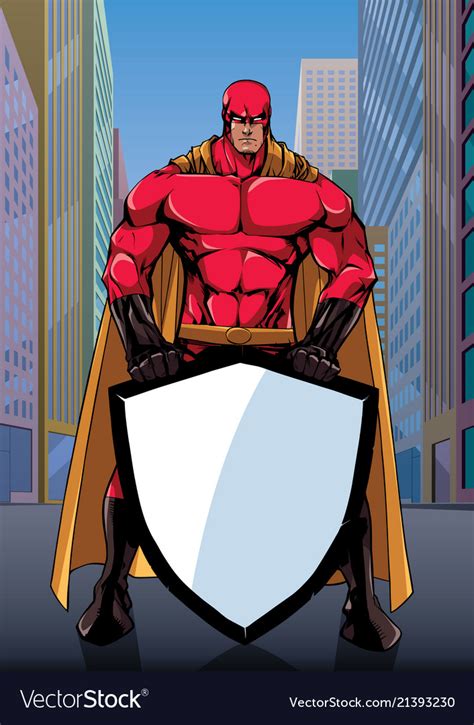 Superhero holding shield on street Royalty Free Vector Image