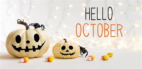 Hello October with Halloween Pumpkins with Spider Stock Image - Image ...