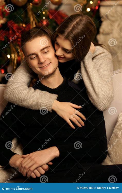 Romantic Couple Hugging in Christmas Interior Stock Image - Image of ...