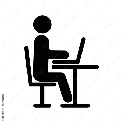 Icon of man using computer. Person sit and working on laptop icon. Vector illustration Stock ...