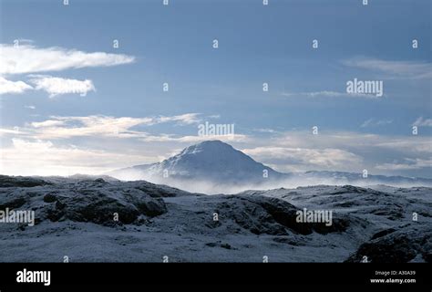 Snow covered mountain scene at Rhiconich Sutherland Scottish Highlands ...