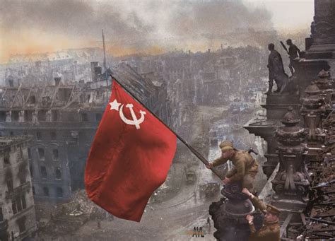 Raising the Soviet Flag over the Reichstag, 2 May 1934, colorized from a photo by Yvgeny Khaldei ...