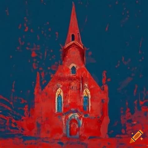 Interior of a 1800s french church with abstract splatter paint in blue and red on Craiyon