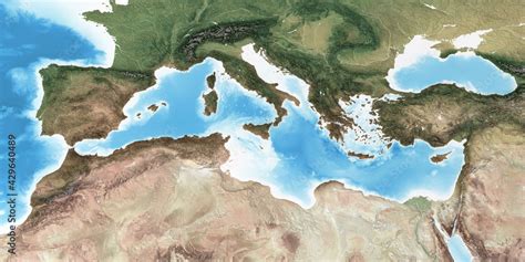 Physical map of Mediterranean region, with high resolution details ...