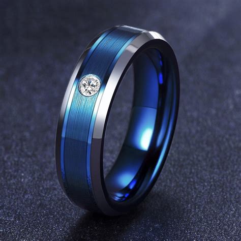 Engravable Cubic Zirconia Blue Frosted Tungsten Ring For Men