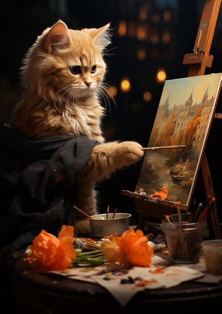 Premium AI Image | painting of a cat sitting on a table with a painting ...