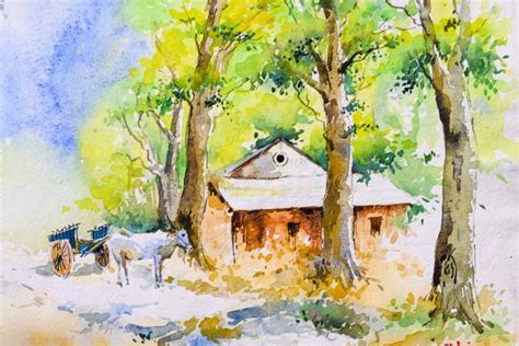 Bright Indian Village Watercolor Painting Hand Painte Stock ...